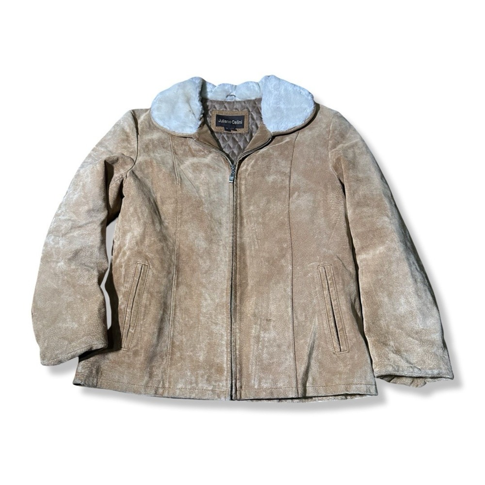 Juliano Celini Womens Suede Leather Jacket Size XL Beige Faux Fur Collar Western